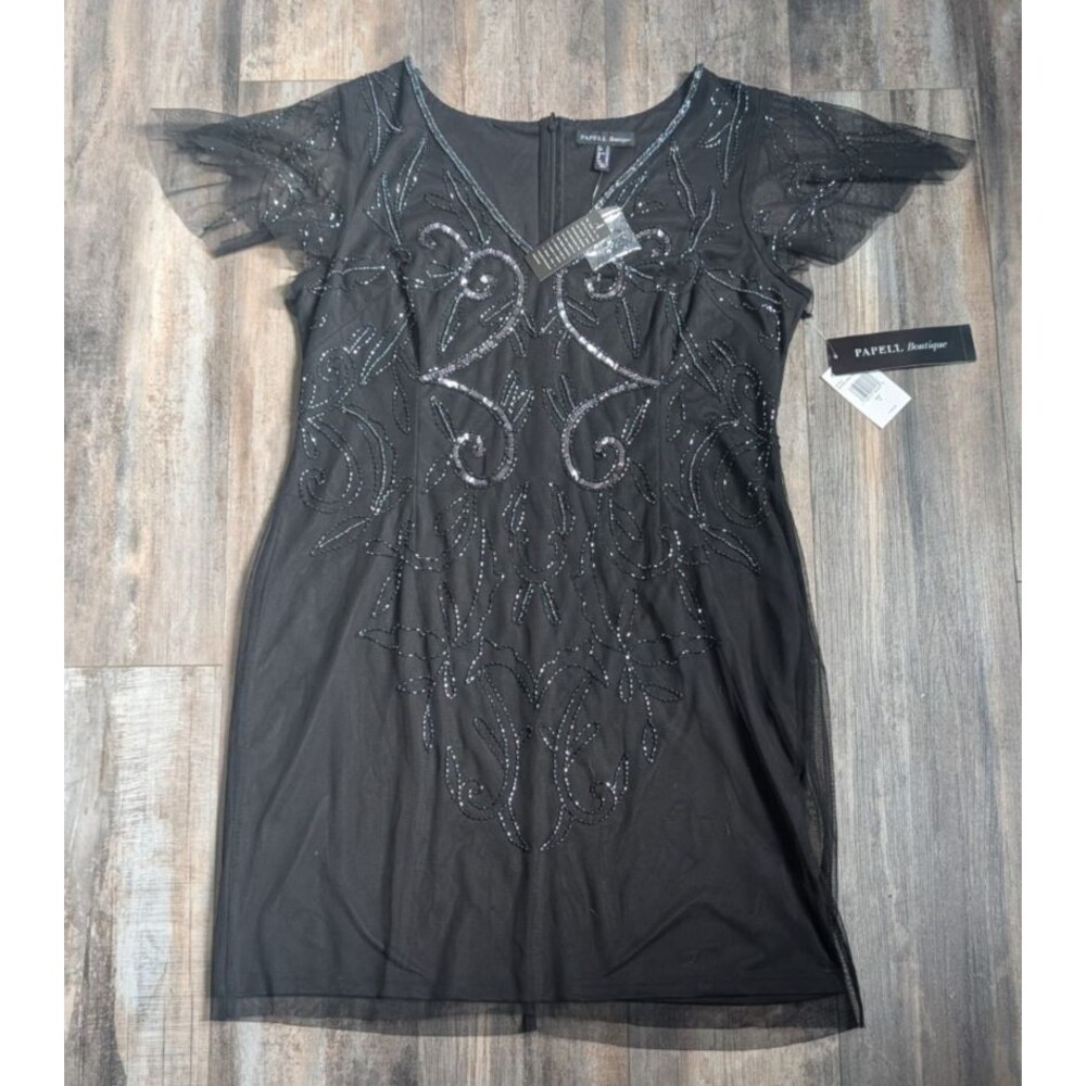 NWT NEW Adrianna Papell Women's Bead-Embellished Mesh Sheath Dress 16 Black